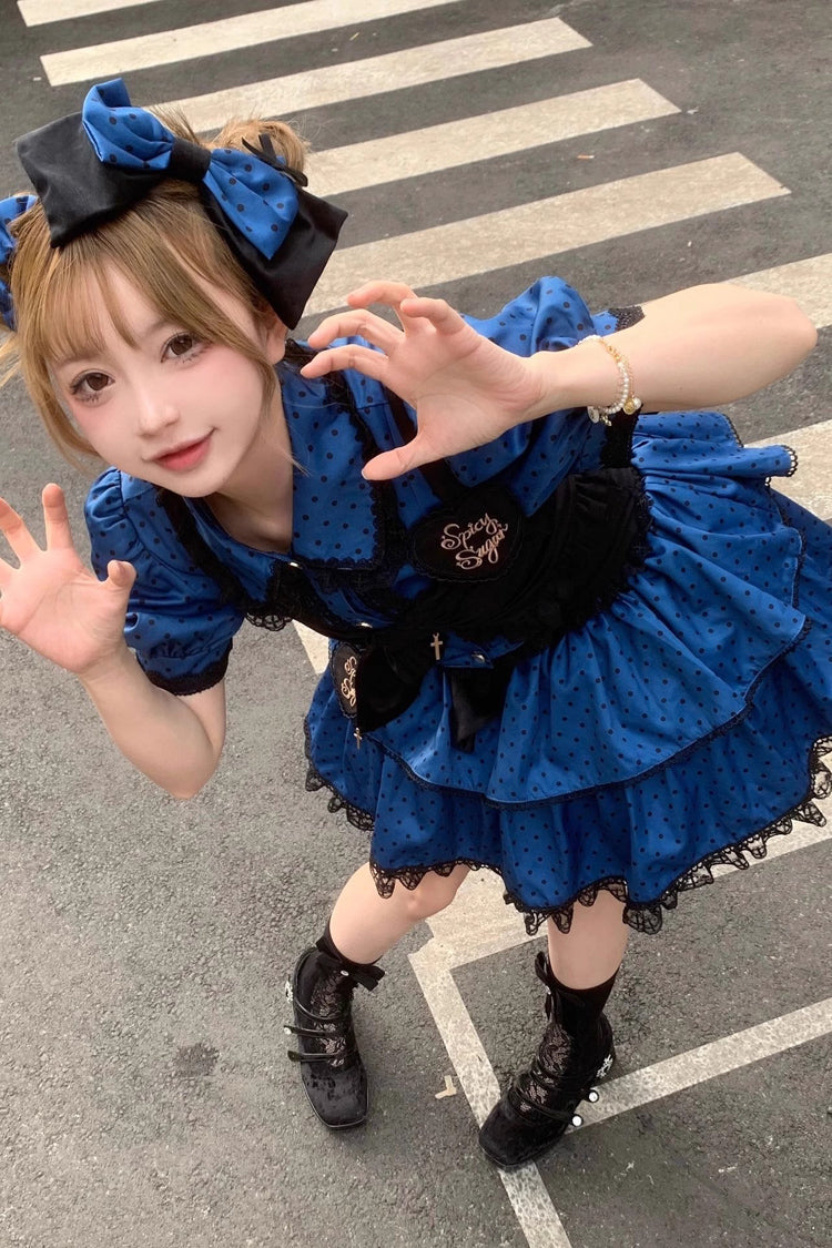 Blue Black Multi-Layer Polka Dot Print Bowknot Princess Sweet Lolita Skirt Set