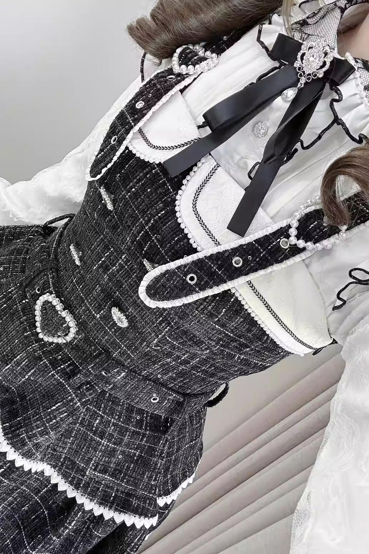 Lapel Collar Long Sleeves Jacquard Ruffled Bow Jirai Kei Japanese Blouse