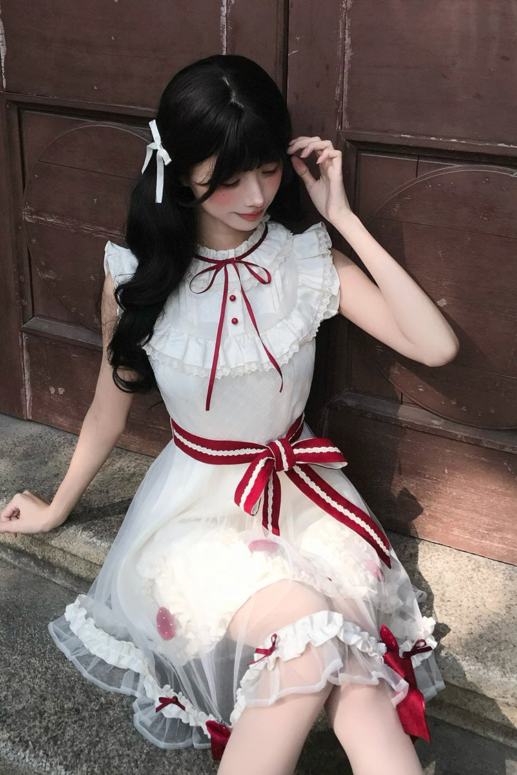 Ivory Strawberry Mousse Cake Stand Collar Sleeveless Mesh Ruffle Bow Lace Sweet Lolita Dress