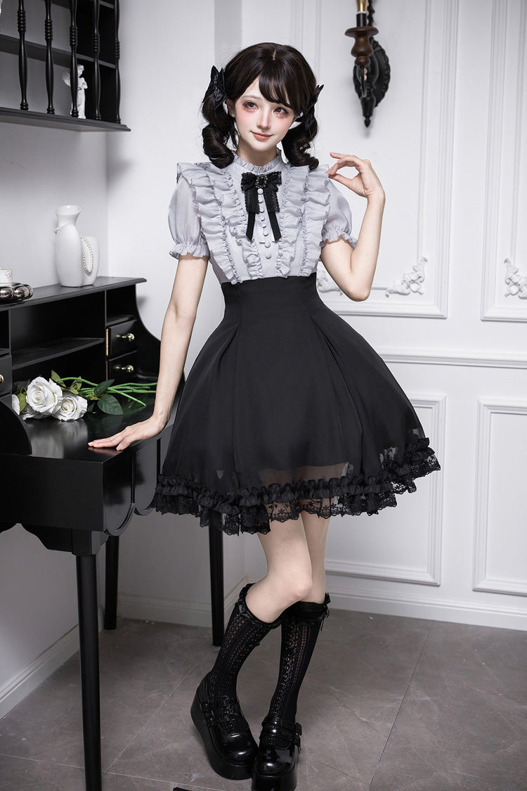 Puff-Sleeve Color-Blocked Faux Two-Piece Sweet Dress