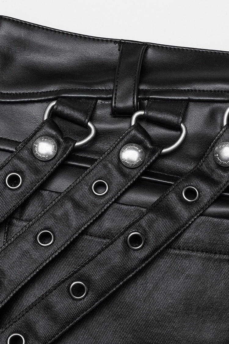 Punk Trousers with Buckle Straps and Mesh Accents
