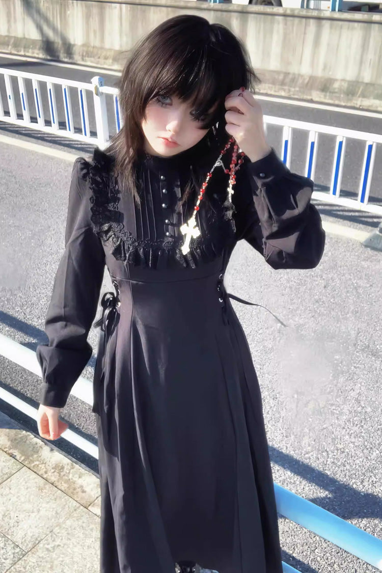 Black Lace-Up Gothic Lolita Dress with Stand Collar and Ruffled Sleeves