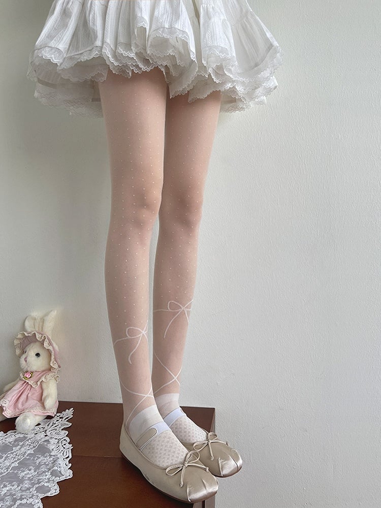 White Polka-dot Pattern Bowknot Print Lolita Tights
