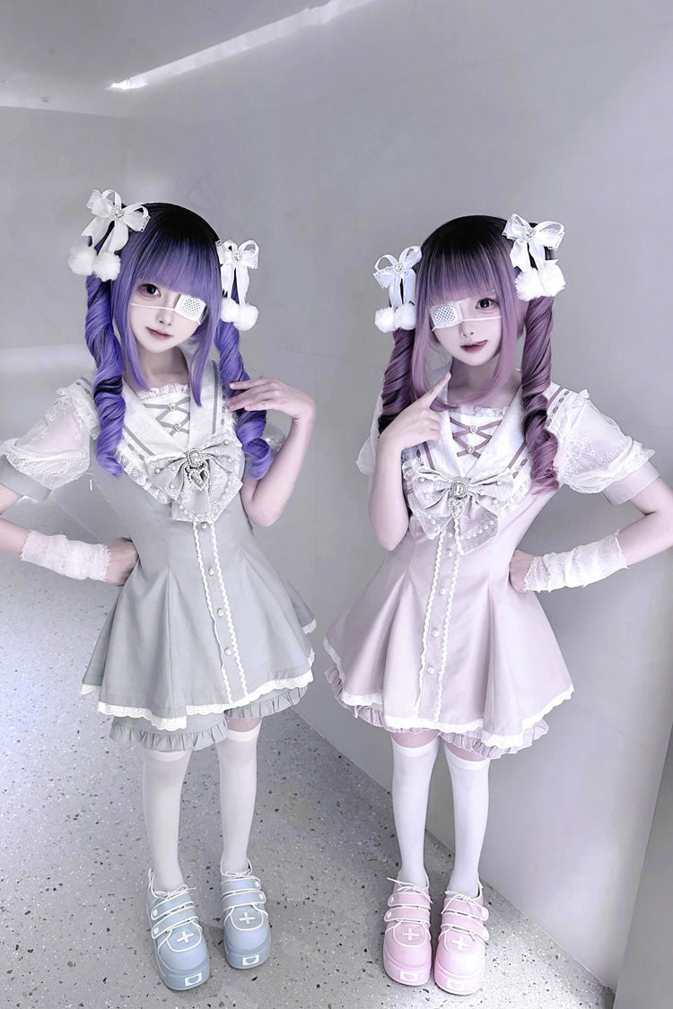 Print Bowknot Jirai Kei Japanese Dress Set