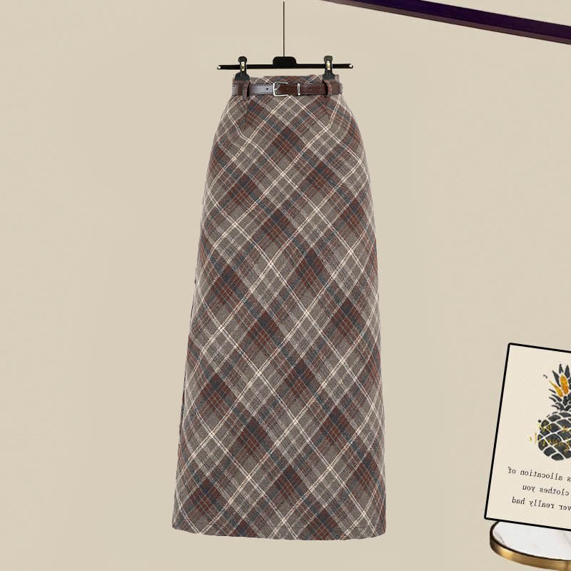 Colorblock Sweater Plaid Stripe Print Skirt Brown