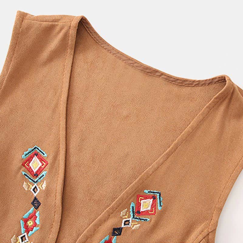 Vest Fringed Shirt Dress Lapel Boho Embroidery Pleated