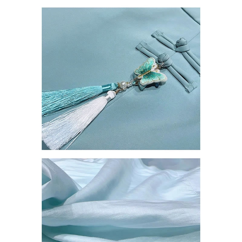 Skirt Blue Shirt Slit Embroidery Set