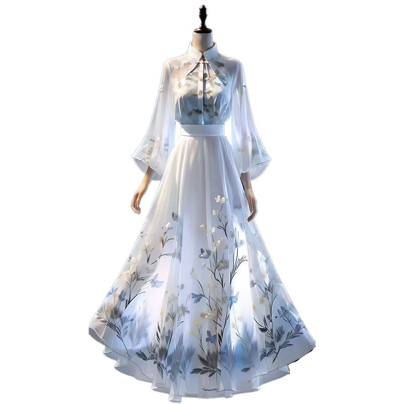 Sleeve Traditional Flower Shirt Long Print Skirt