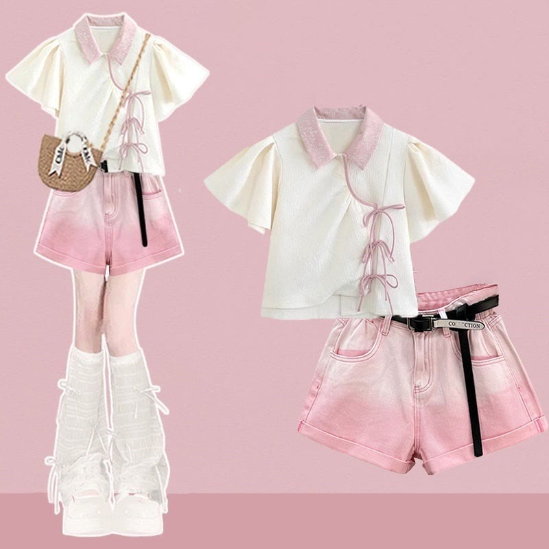 Shorts Set Two Pieces Lace-up Gradient Denim Shirt