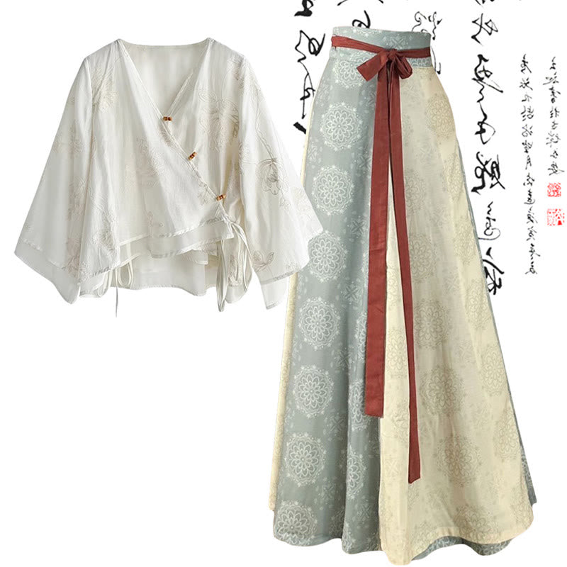 High Vintage Waist V-neck Shirt Lace-up Skirt