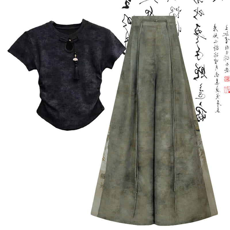 Leg Shirt Vintage V-neck Tassels Wide Pants