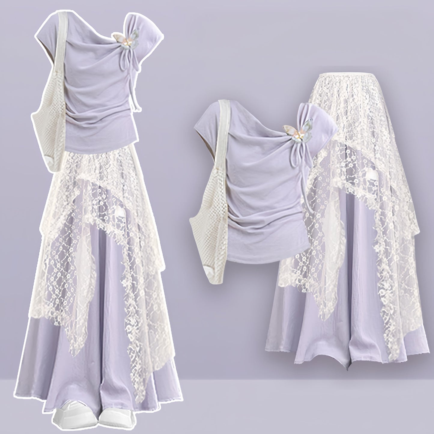 Leg Skirt Pantskirt Top Lace Set Three Wide Butterfly Pieces