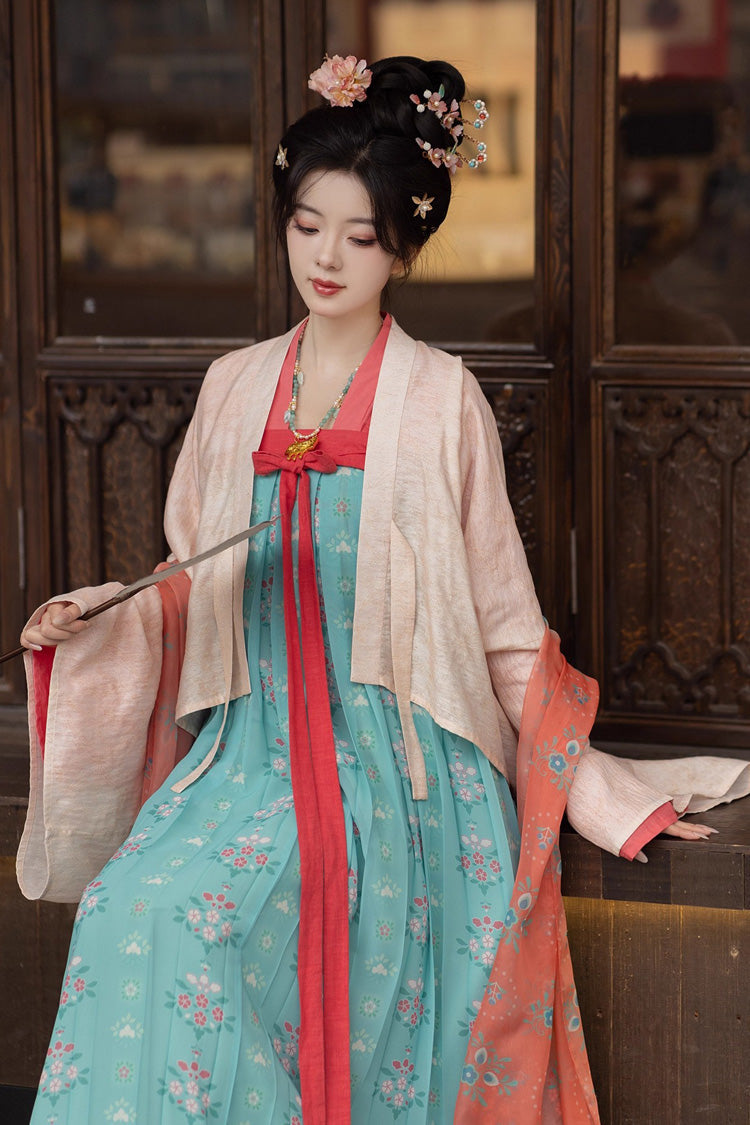 Emerald Peach Blossoms and Spring Long Sleeves Print Embroidery Classic Hanfu Dress