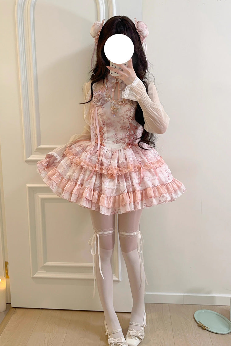 Peach Moon Bamboo Halterneck Print Ruffle Dress - Chinese Lolita Style