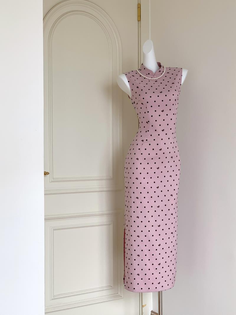 Women's Pink Polka Dot Improved Qipao Dress | Sleeveless Slim Fit Chinese Style Dress