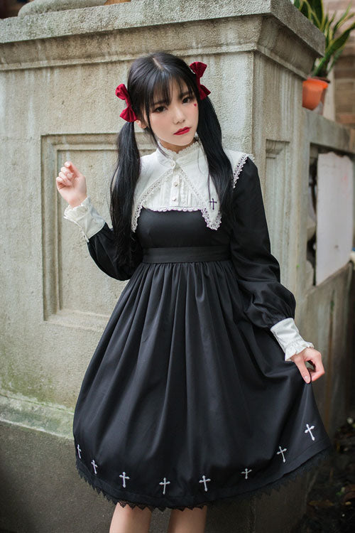 Black Gothic Lolita OP Dress with Cross and Punk High-Waist Style