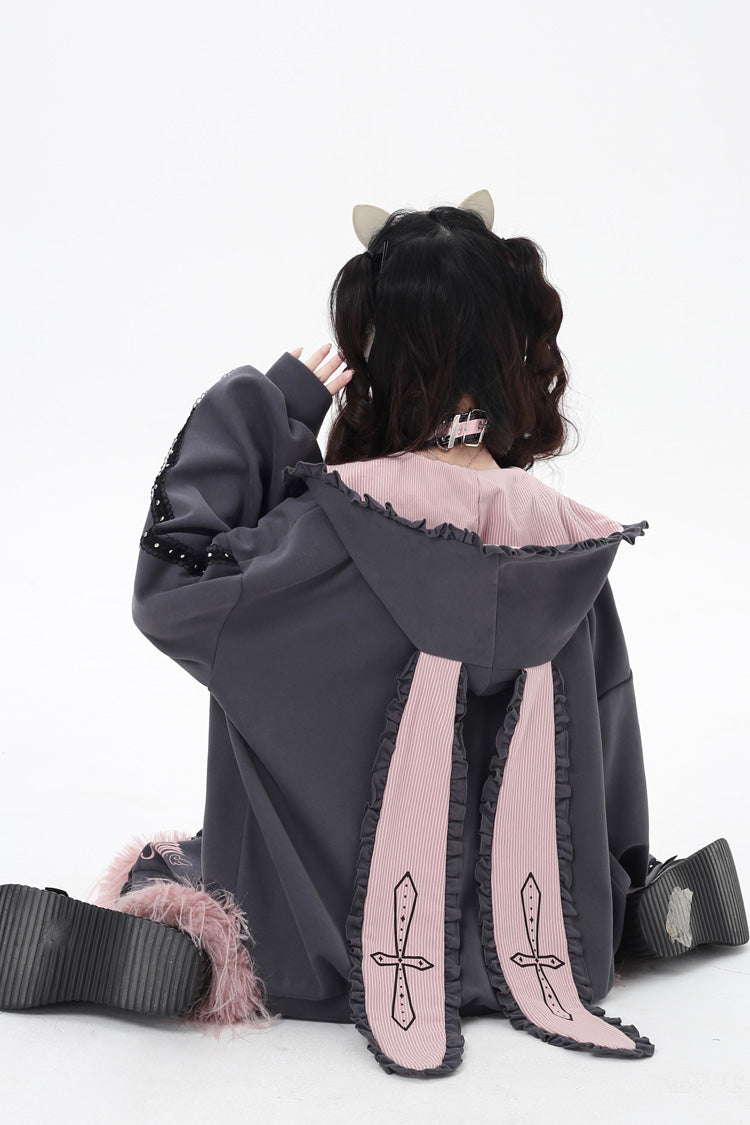 Striped Bunny Ear Hooded Heart Print Embroidery Coat Two Colors