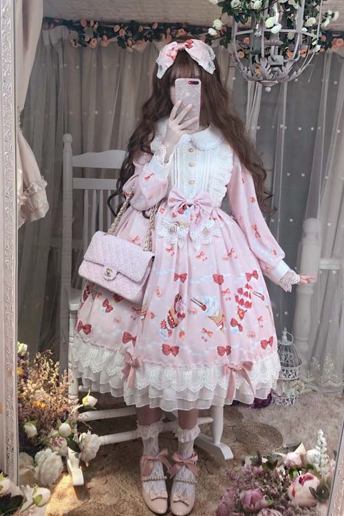 Pink Sweet Lolita OP Dress with Strawberry Print and Lace Sleeves