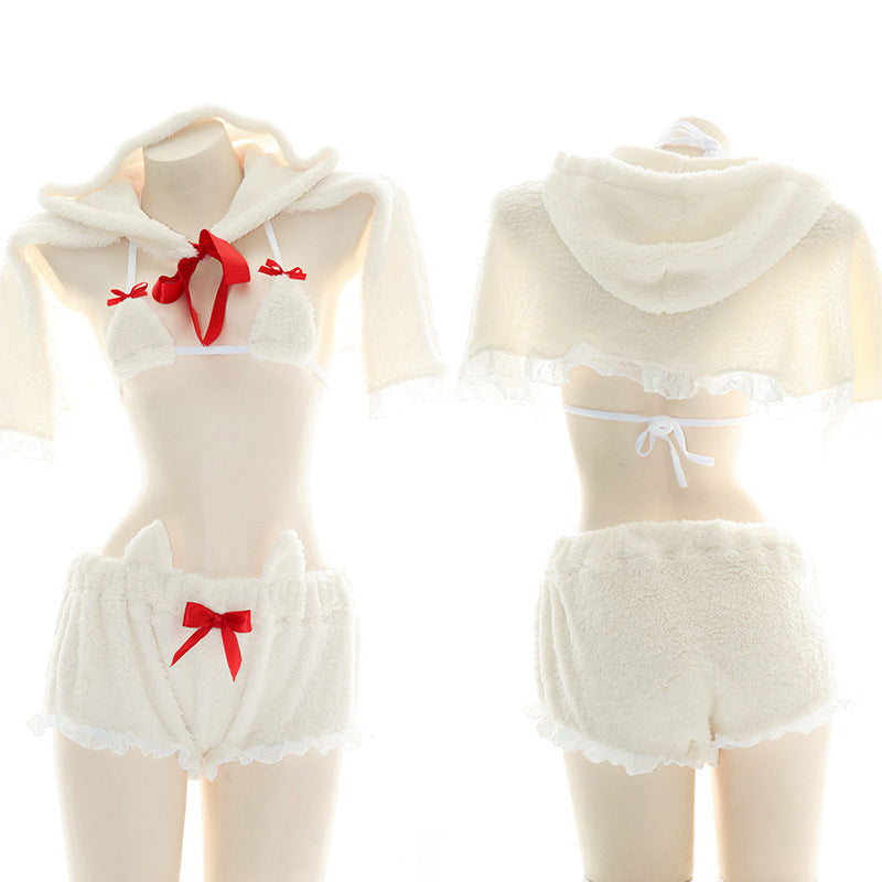 Bow Knot Lace Up Cloak Cat Ears Halter Plush Lingerie