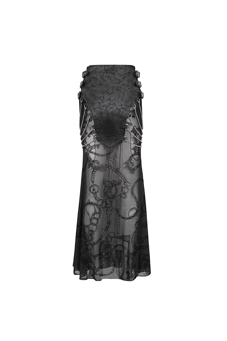 Gothic Fishtail Skirt with Sheer Panels and Chain Accents