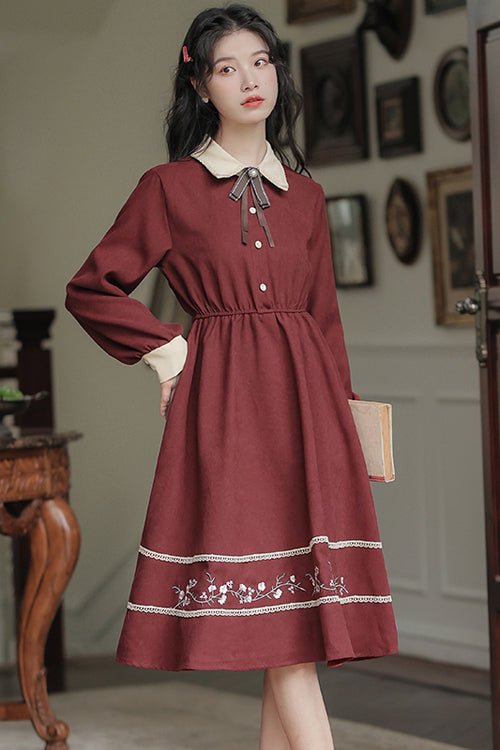 Vintage Lapel Collar Long Sleeve Hem Flower Embroidered High Waist Dress