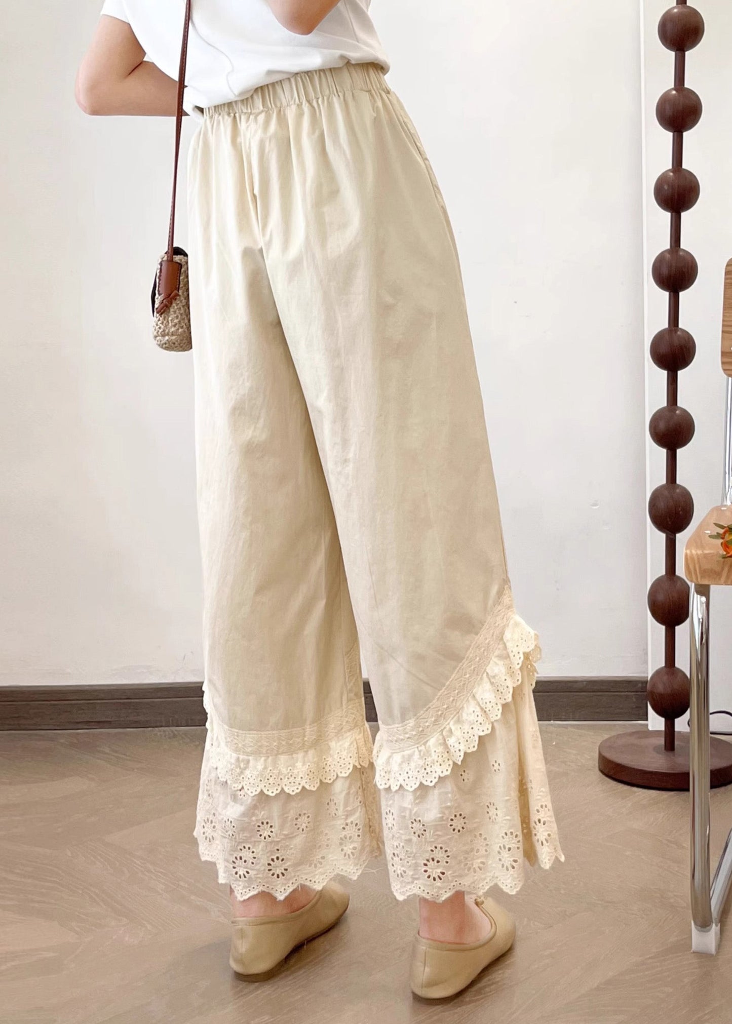 2025 Summer New Apricot Lace Splicing Wide Leg Pants