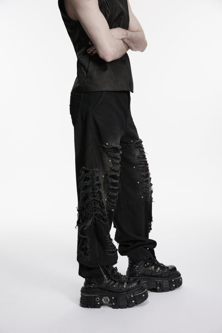 Ripped Studded Zippered Eyelet Mesh Black Punk Pants Men's
