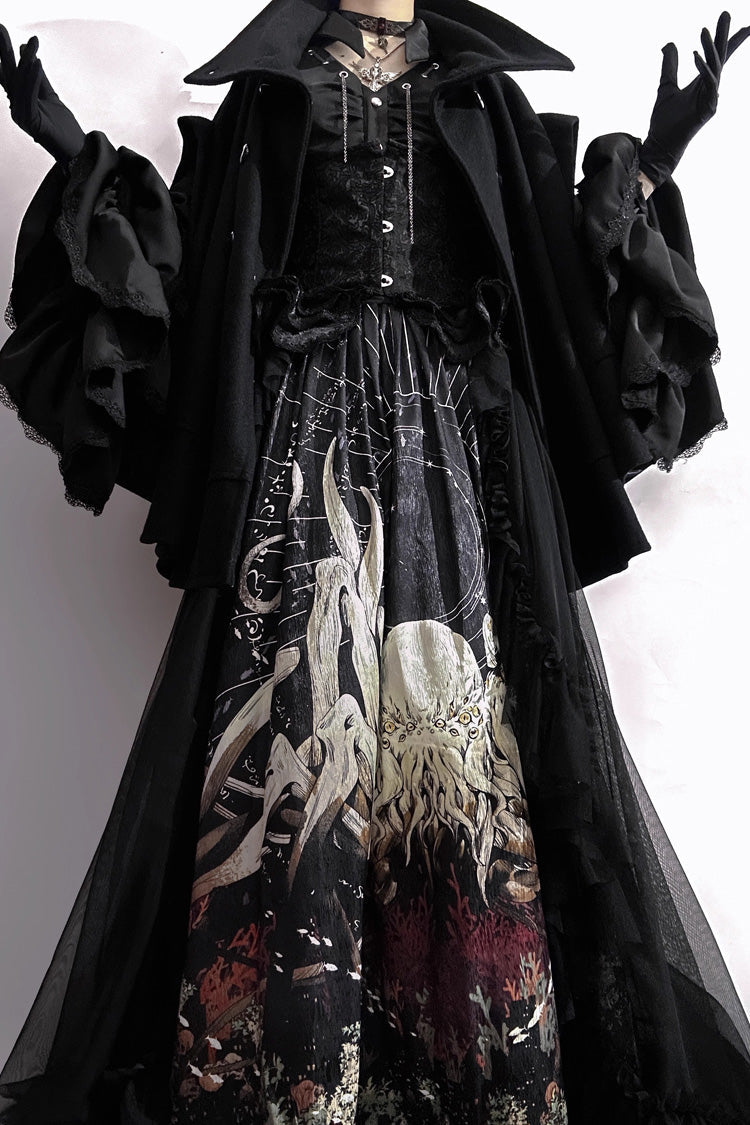 Long Hime Sleeves Gothic Skirt Dress Set with Printed Lace - Reborn Ancient God