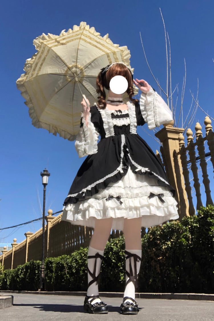 White Black Long Hime Sleeves Ruffled Cardigan Bow Gothic Lolita Dress