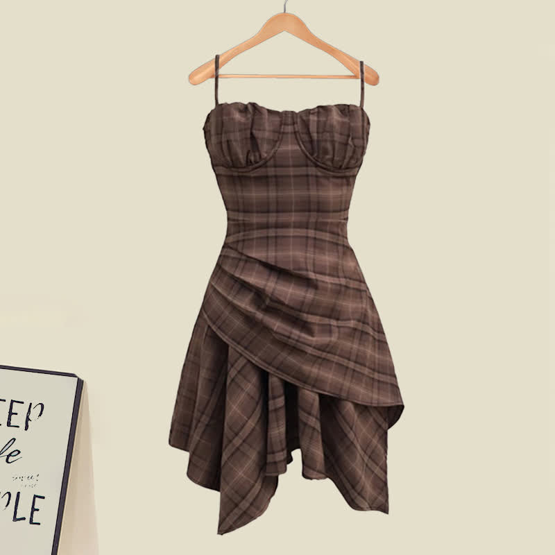 Irregular Lapel Ruffled Shirt Dress Plaid Set Chic Slip