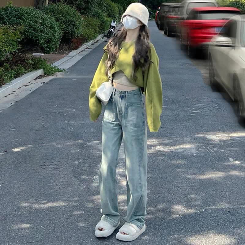 Cami Pocketed Cross Sweater Green Pants Denim Knit Crop