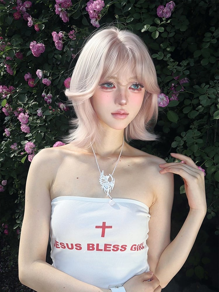 Light Pink 35CM Length Short Wig With Curtain Bangs