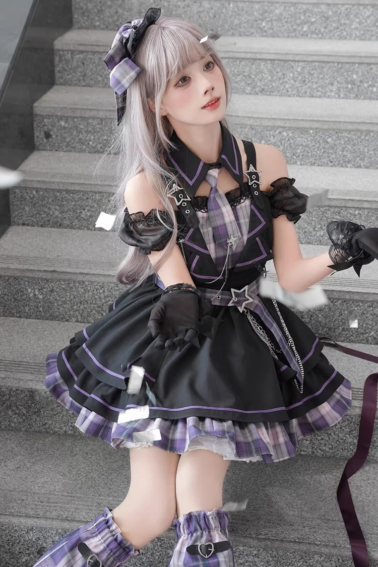 Purple Dark Night Rose Boat Neck Short Sleeve Plaid Print Ruffle Chain Gothic Lolita Dress
