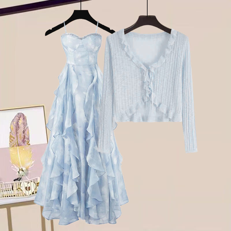Two Blue Flouncing Slip Pieces Cardigan Dress Lace-up