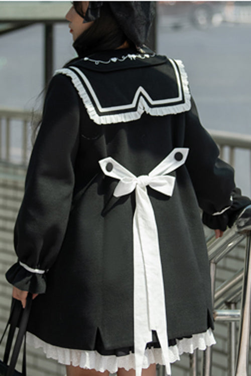 Sweet Lolita Coat with Lantern Sleeves Suit Collar and Back Bow Horn Button