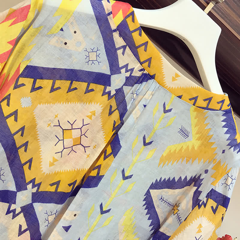 Elastic Shorts Colorblock Yellow Print T-Shirt V-neck Set