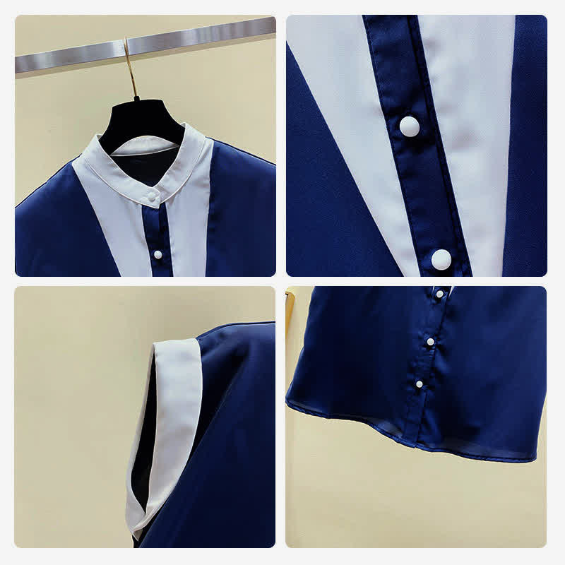 Kurzärmliges Hemd mit Farbblockdesign und Perlenknöpfen