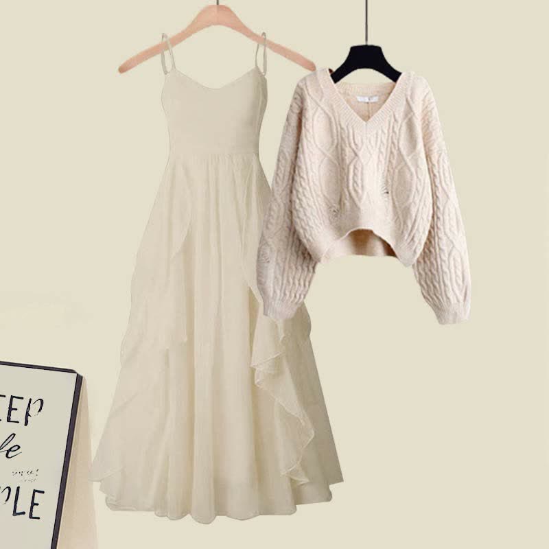 Elegant Knit Flouncing Slip Set Dress Cable Sweater