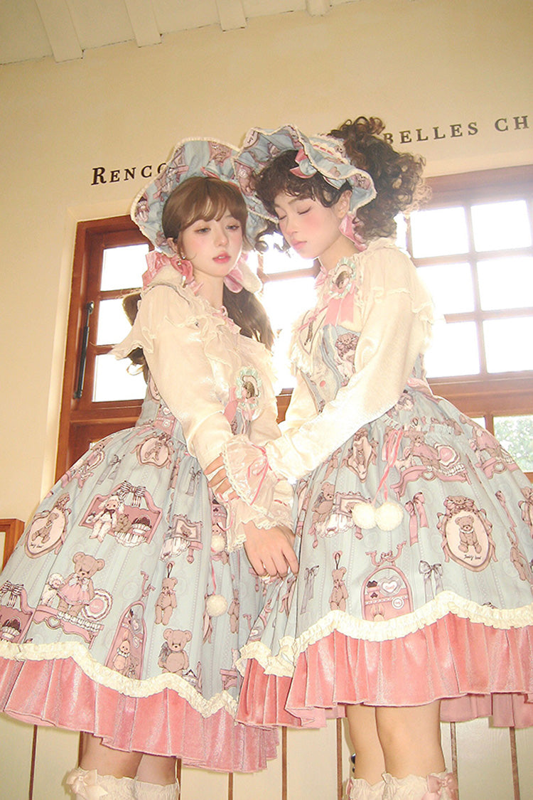 Pink/Green Sweet Lolita Bear Doll Print Ruffle Embroidery JSK Dress