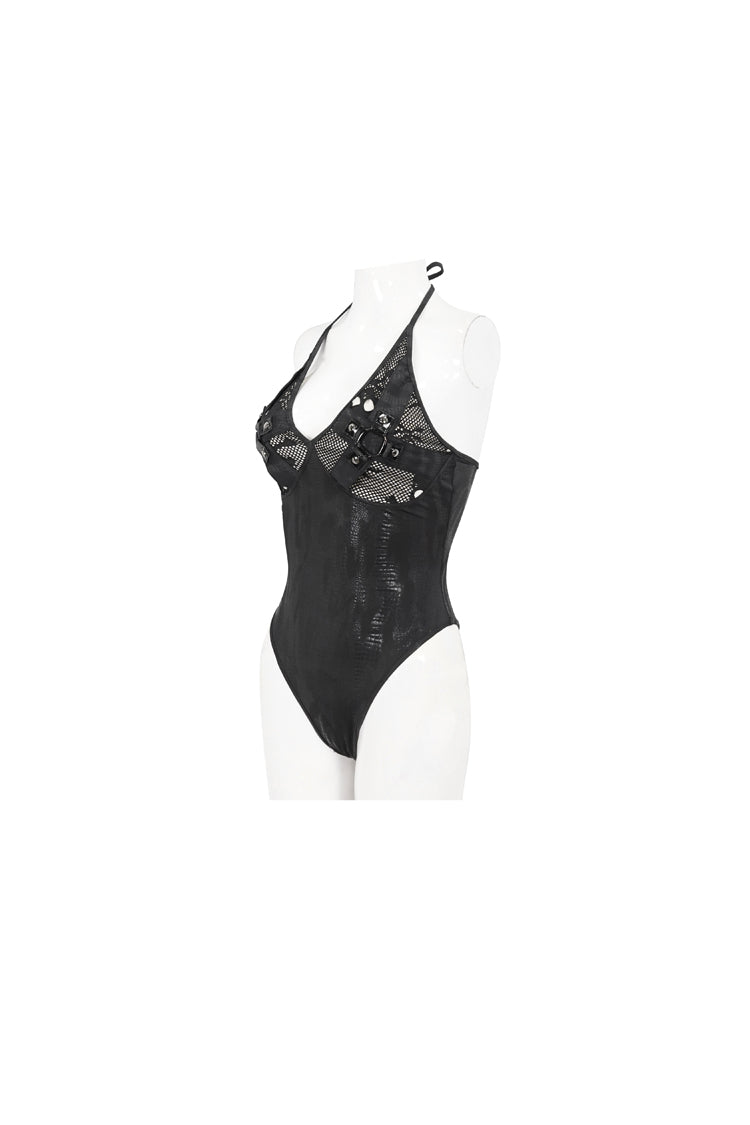 Gothic One-Piece Swimsuit with Skull Print and Sheer Mesh