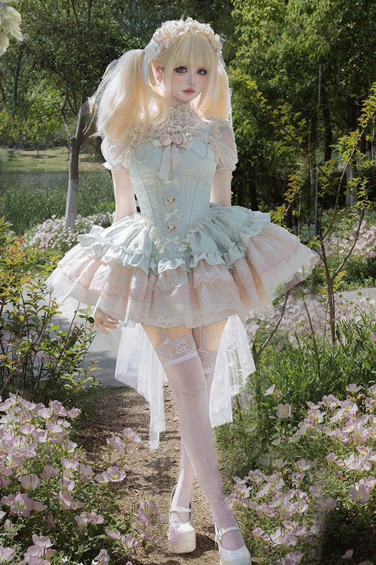 Green Fleeting Light Shallow Dream Sleeveless Multi-Layered Ruffle Bowknot Lace Slim Sweet Ballet Jsk Dress