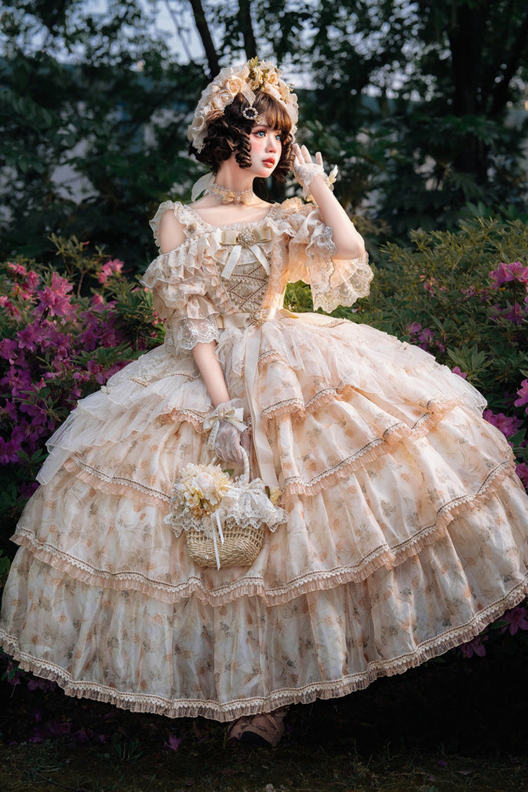 Rose Letter Off Shoulder Triple Layer Print Ruffle Hanayome Princess Lolita in Yellow