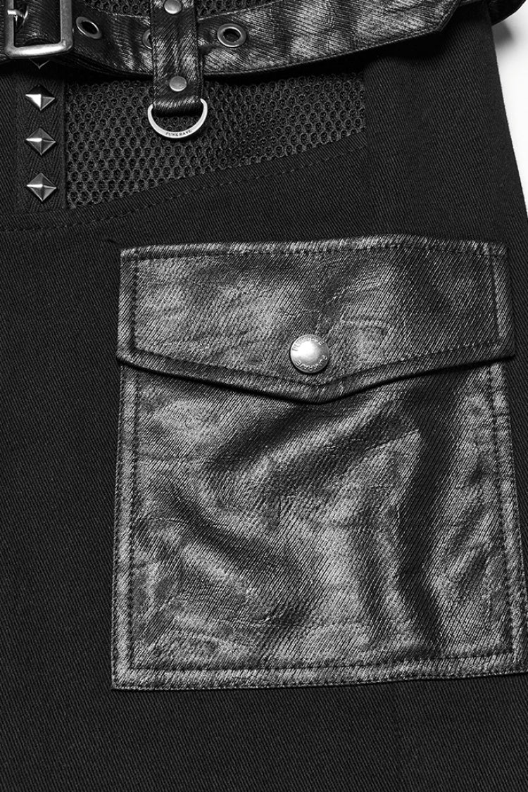 Studded Punk Pants with Buckle Straps and Mesh