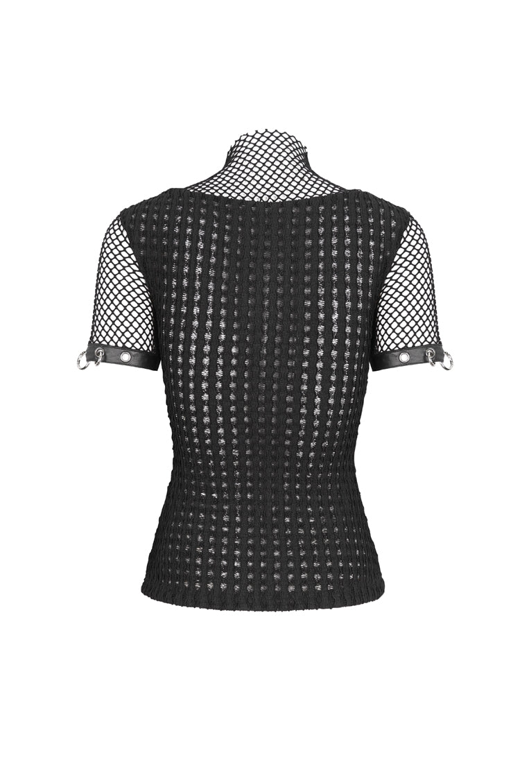 Punk Short-Sleeve Top with Mesh and Ring Embellishments