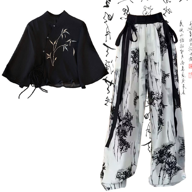 Vintage Schwarzes Hemd mit Bambus-Print, lockere Freizeithose