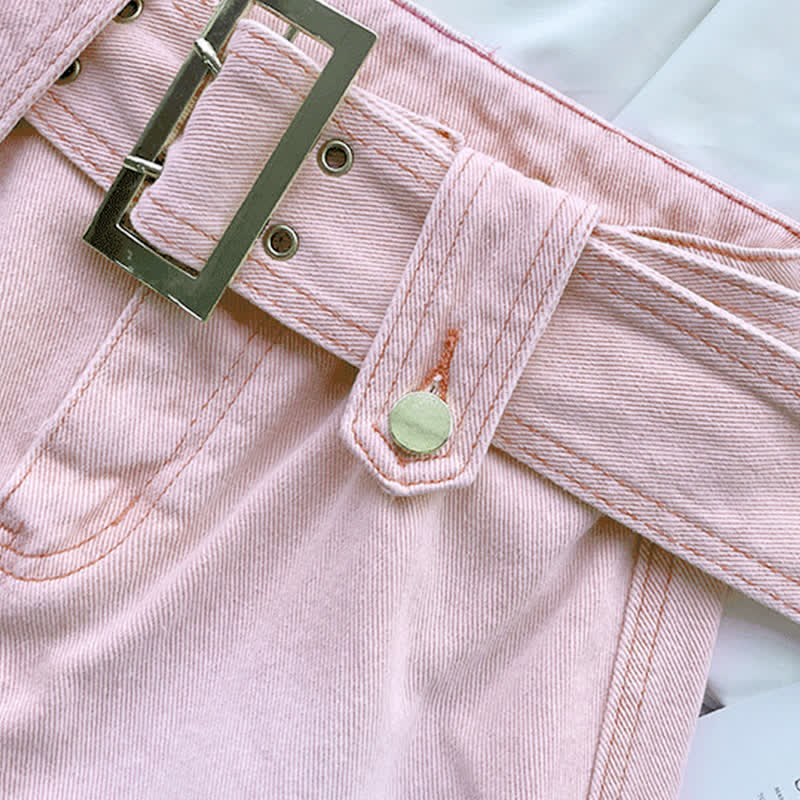 Love Heart Mini T-Shirt Hollow Top Pink Crop Skirt Out Denim