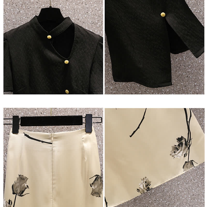 Ensemble vintage avec haut irrégulier ajouré et jupe à imprimé rose