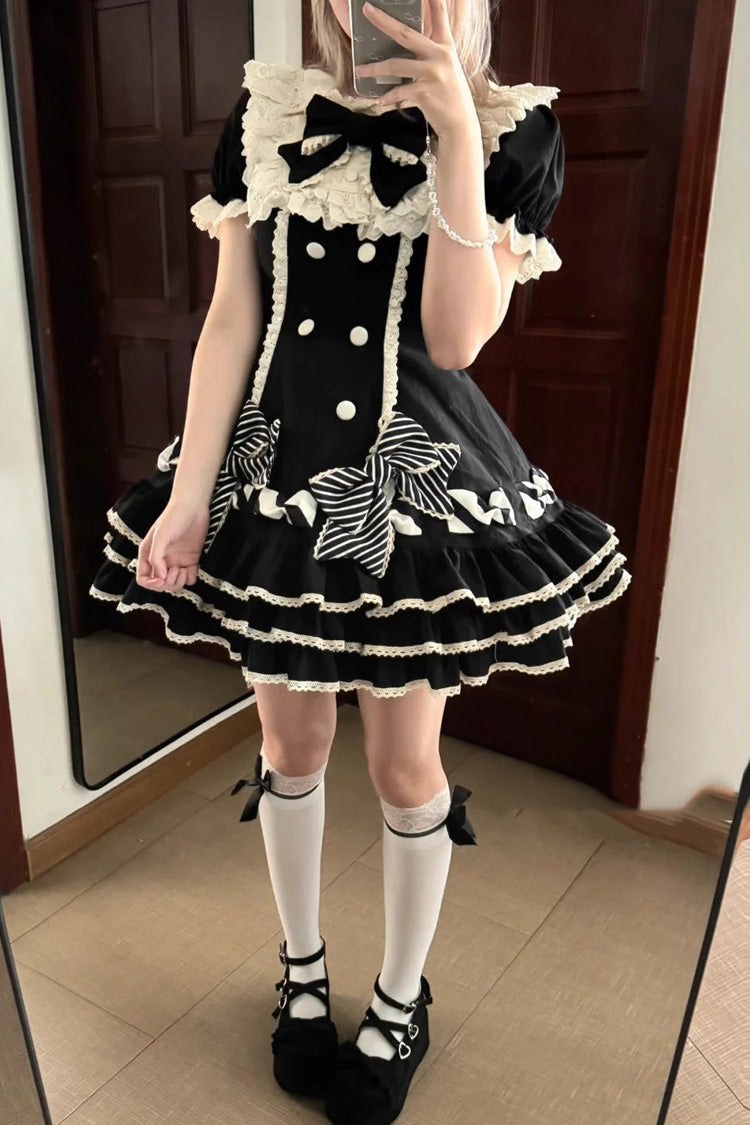 Ebony Striped Layered Short Sleeves Multi Ruffle Bow Sweet Princess Lolita Tiered Dress