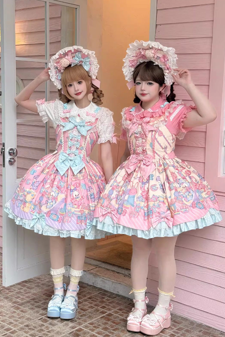 Cream Yellow Rainbow Buffy Bunny Sleeveless Double Layer Ribbon Doll Print Ruffle Bow Sweet Lolita JSK Set