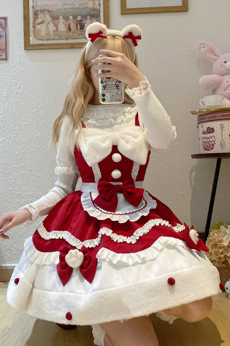 Sweet Lolita Cream Snow Cat Winter Ruffle Bowknot JSK Dress